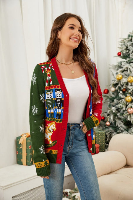 Nutcracker Contrast V - Neck Long Sleeve Cardigan - S. M. & Co.