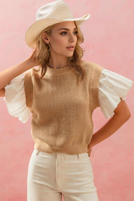 Oh Full Size Ruffled Round Neck Short Sleeve Sweater - S. M. & Co.