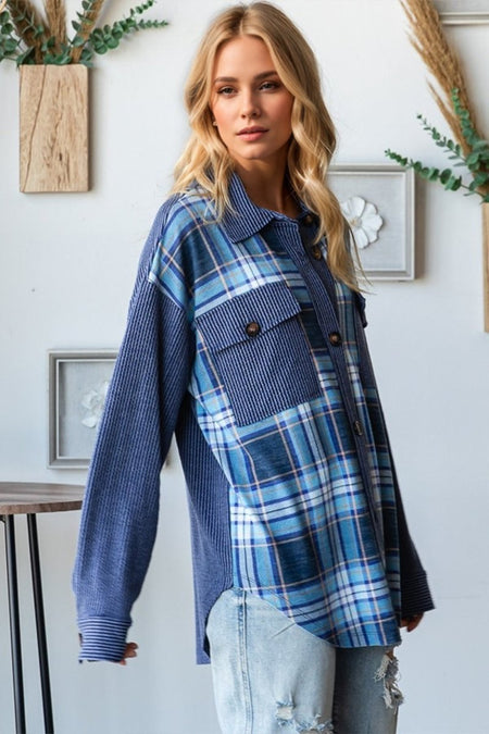 OH Plaid Button Up Long Sleeve Shacket with Breast Pockets - S. M. & Co.