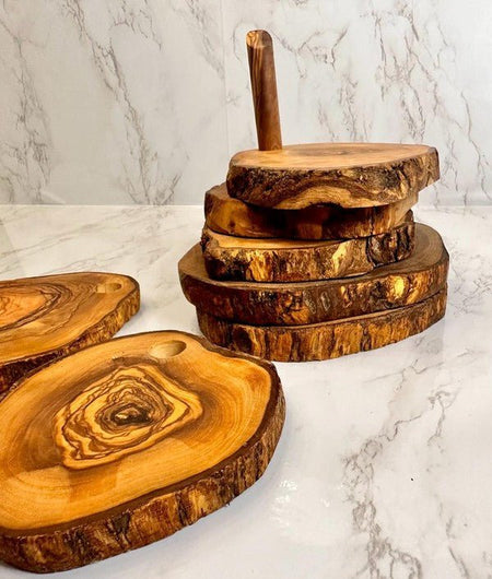 Olive Wood Coaster Set with Holder - 7 Pcs - S. M. & Co.