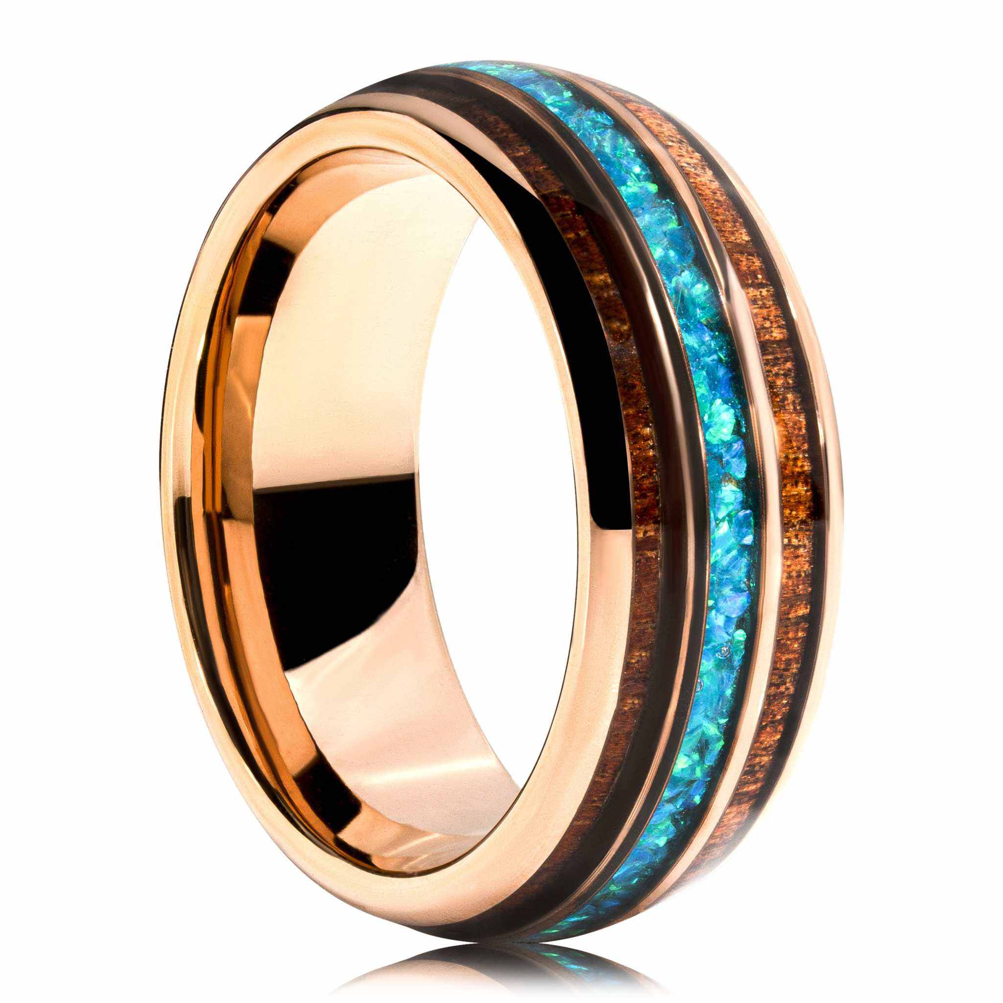Opal Wood Inlay Rose Gold Tungsten Carbide Ring