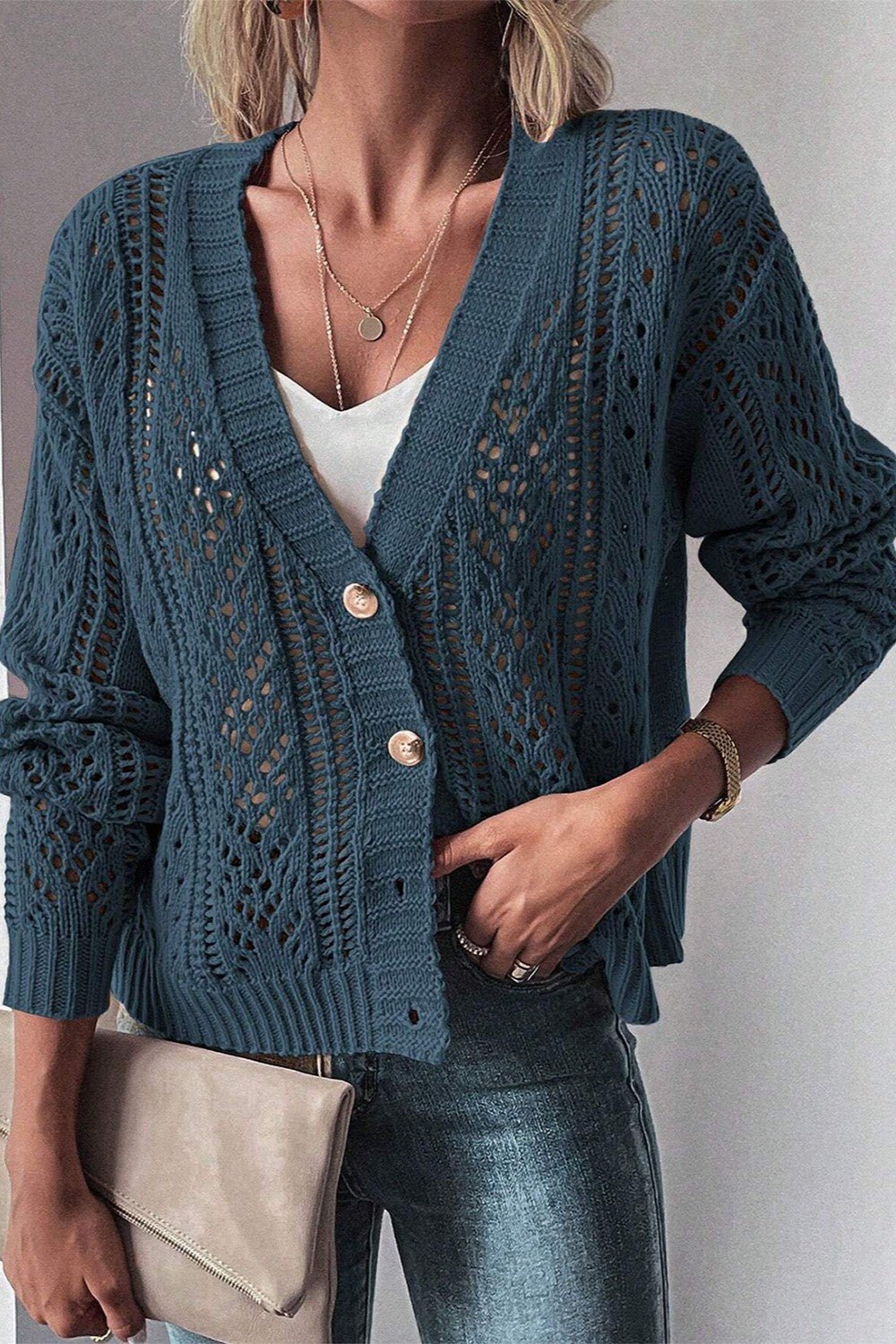 Openwork Button Up Long Sleeve Cardigan - S. M. & Co.