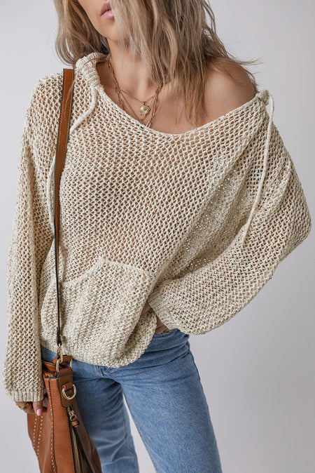 Openwork Dropped Shoulder Hooded Knit Top - S. M. & Co.