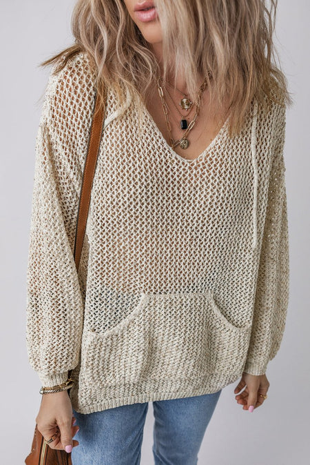 Openwork Dropped Shoulder Hooded Knit Top - S. M. & Co.