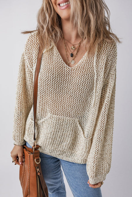 Openwork Dropped Shoulder Hooded Knit Top - S. M. & Co.