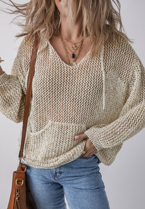 Openwork Dropped Shoulder Hooded Knit Top - S. M. & Co.