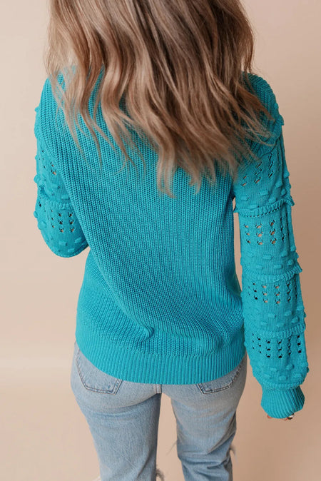 Openwork Frill Round Neck Long Sleeve Sweater - S. M. & Co.