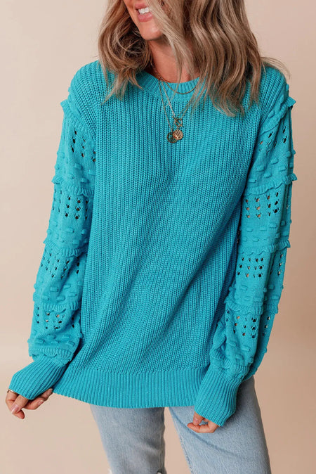 Openwork Frill Round Neck Long Sleeve Sweater - S. M. & Co.