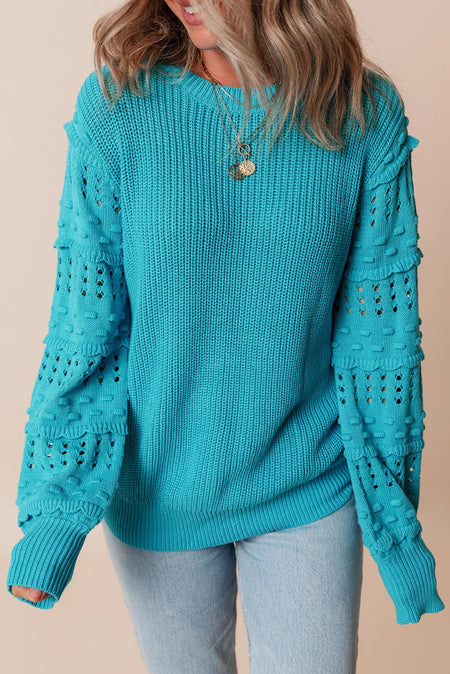 Openwork Frill Round Neck Long Sleeve Sweater - S. M. & Co.