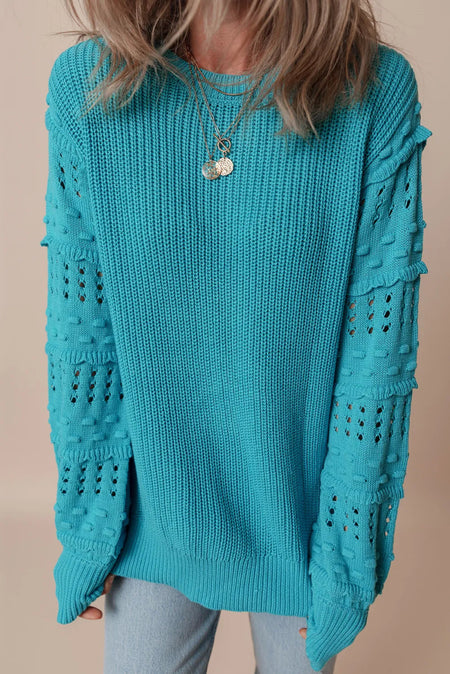 Openwork Frill Round Neck Long Sleeve Sweater - S. M. & Co.