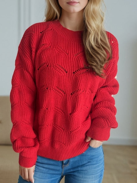 Openwork Round Neck Dropped Shoulder Sweater - S. M. & Co.