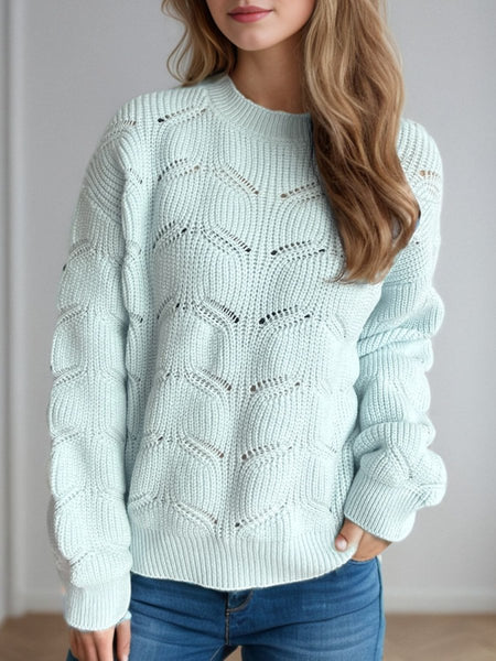 Openwork Round Neck Dropped Shoulder Sweater - S. M. & Co.