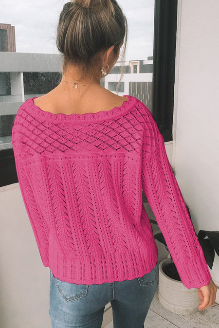 Openwork Round Neck Long Sleeve Knit Top - S. M. & Co.