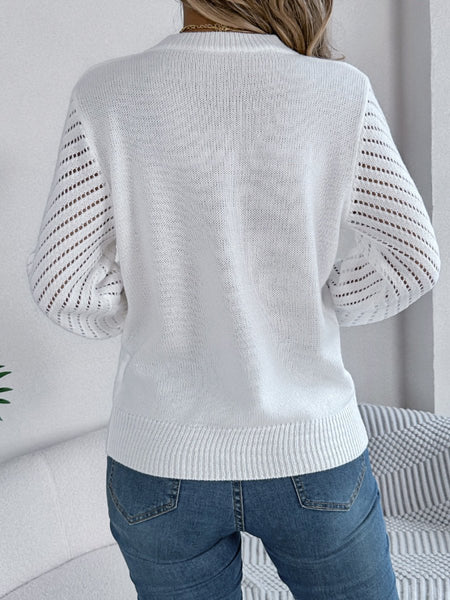 Openwork Round Neck Long Sleeve Knit Top - S. M. & Co.