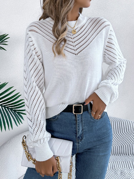 Openwork Round Neck Long Sleeve Knit Top - S. M. & Co.