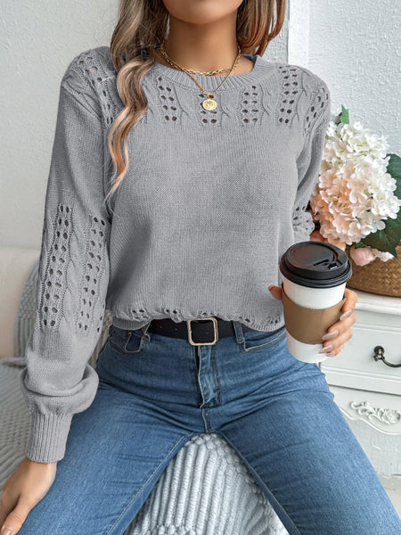 Openwork Round Neck Long Sleeve Sweater - S. M. & Co.