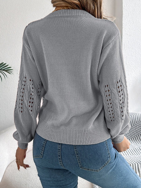 Openwork Round Neck Long Sleeve Sweater - S. M. & Co.