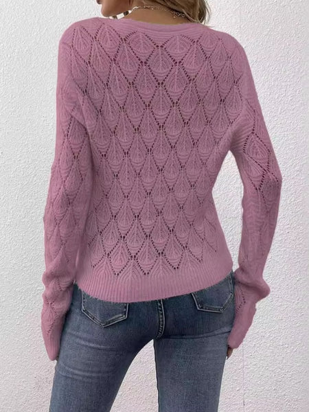 Openwork V - Neck Long Sleeve Sweater - S. M. & Co.