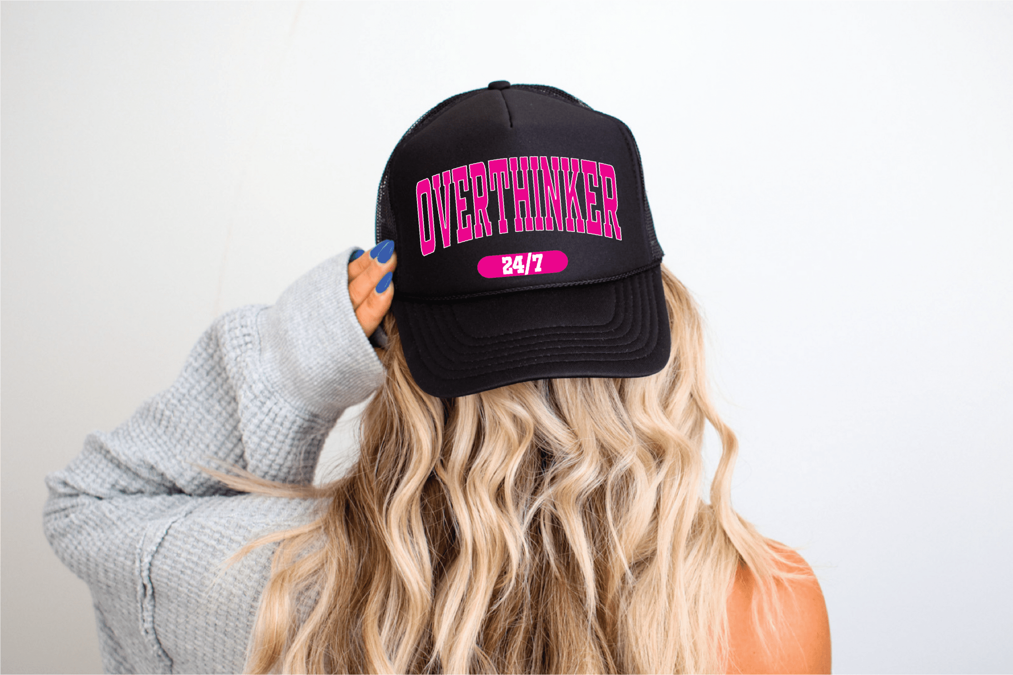Overthinker 24/7 DTF Printed Black Trucker Hat - S. M. & Co.