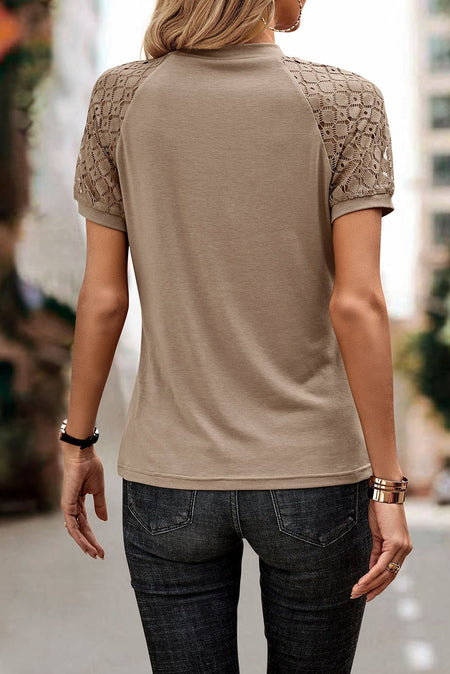 Pale Khaki Seamed Detail Contrast Lace Raglan Sleeve Tee - AnAs Market