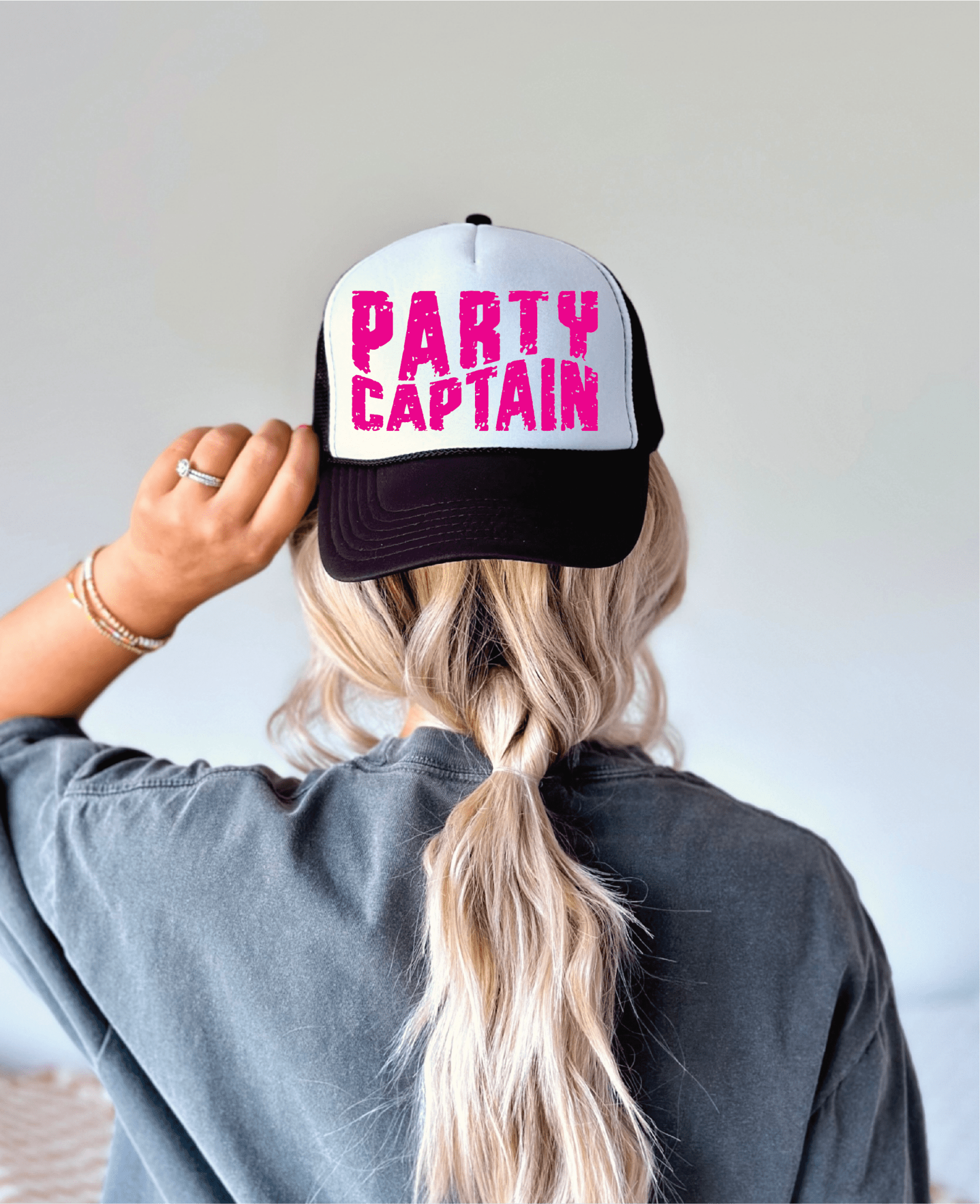 Party Captain DTF Printed Black and White Trucker Hat - S. M. & Co.
