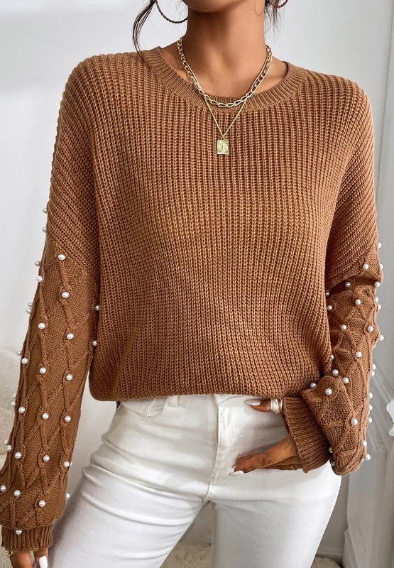 Pearl Detail Round Neck Long Sleeve Sweater - S. M. & Co.