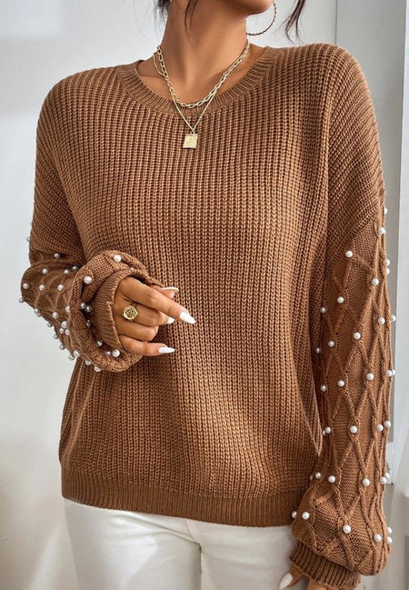 Pearl Detail Round Neck Long Sleeve Sweater - S. M. & Co.