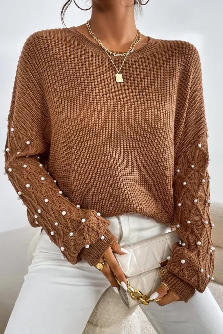 Pearl Detail Round Neck Long Sleeve Sweater - S. M. & Co.