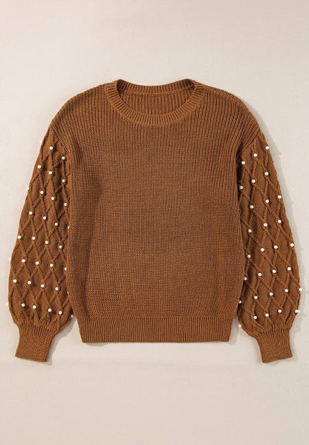 Pearl Detail Round Neck Long Sleeve Sweater - S. M. & Co.