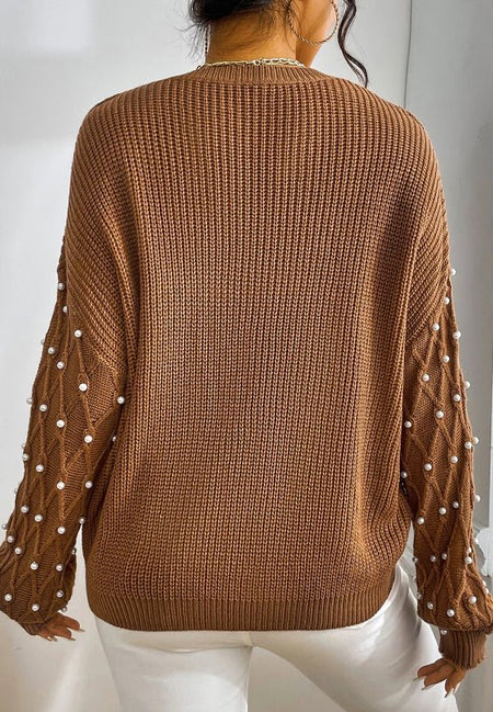 Pearl Detail Round Neck Long Sleeve Sweater - S. M. & Co.