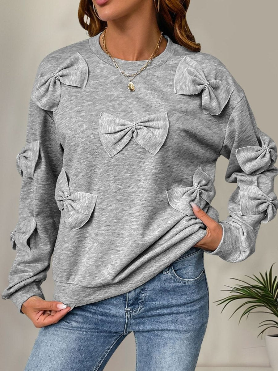 Perfee Bow Round Neck Long Sleeve Sweatshirt - S. M. & Co.