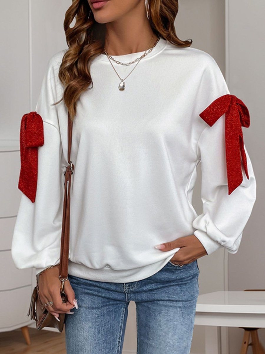 Perfee Bow Round Neck Long Sleeve Sweatshirt - S. M. & Co.