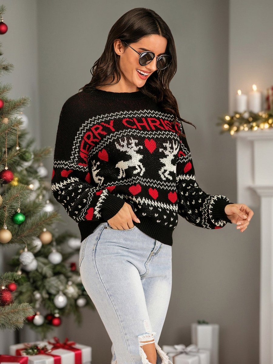 Perfee Christmas Element Round Neck Sweater - S. M. & Co.