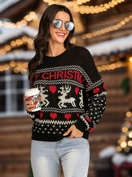 Perfee Christmas Element Round Neck Sweater - S. M. & Co.