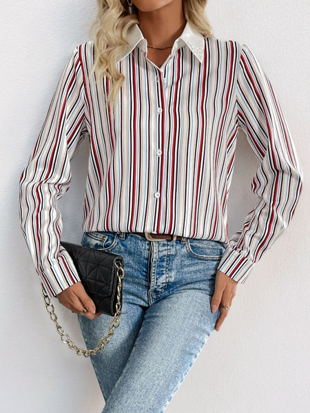 Perfee Contrast Striped Collared Neck Long Sleeve Shirt - S. M. & Co.