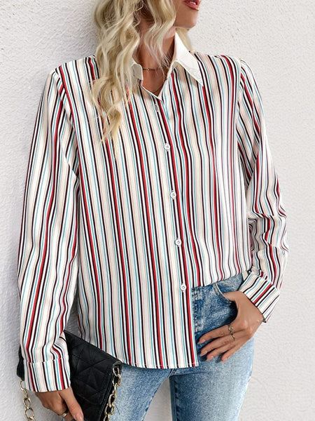 Perfee Contrast Striped Collared Neck Long Sleeve Shirt - S. M. & Co.