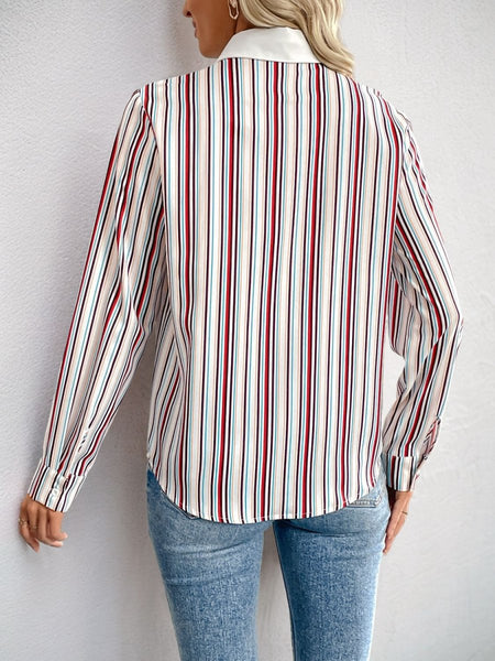 Perfee Contrast Striped Collared Neck Long Sleeve Shirt - S. M. & Co.