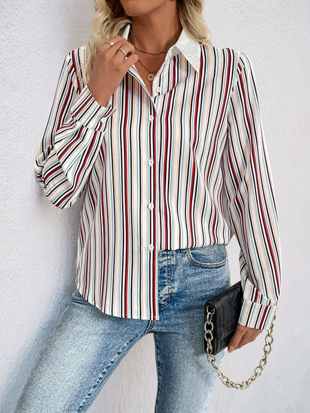 Perfee Contrast Striped Collared Neck Long Sleeve Shirt - S. M. & Co.