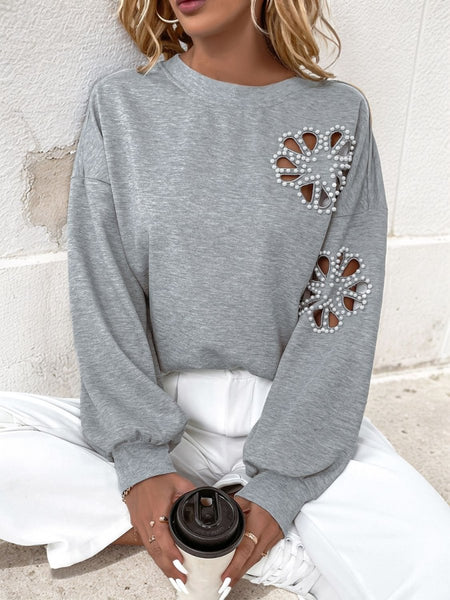 Perfee Cutout Pearl Round Neck Long Sleeve Sweatshirt - S. M. & Co.