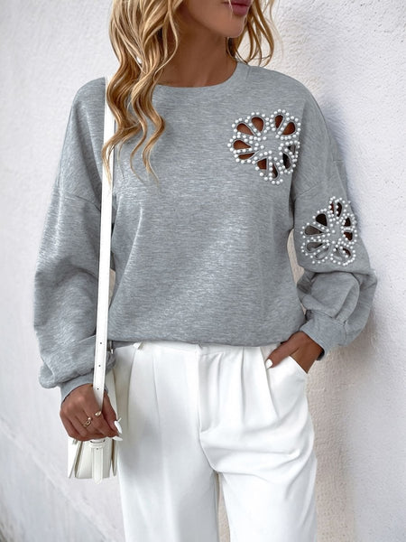 Perfee Cutout Pearl Round Neck Long Sleeve Sweatshirt - S. M. & Co.