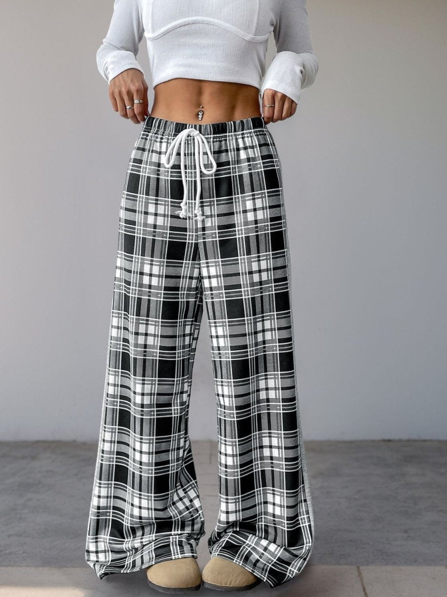 Perfee Drawstring Plaid Wide Leg Pants - S. M. & Co.