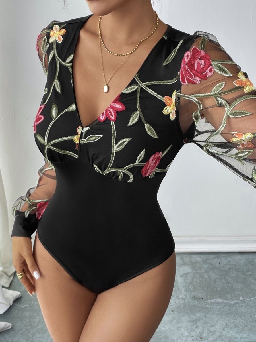 Perfee Embroidered V - Neck Long Sleeve Bodysuit - S. M. & Co.