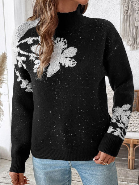 Perfee Flower Mock Neck Long Sleeve Sweater - S. M. & Co.