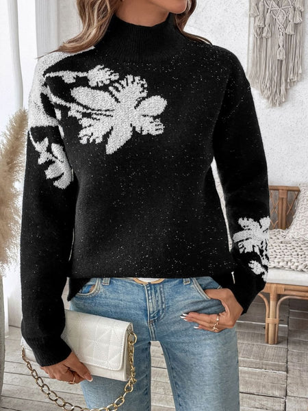 Perfee Flower Mock Neck Long Sleeve Sweater - S. M. & Co.