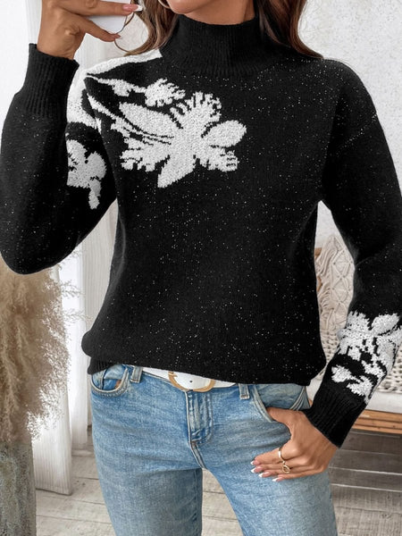 Perfee Flower Mock Neck Long Sleeve Sweater - S. M. & Co.