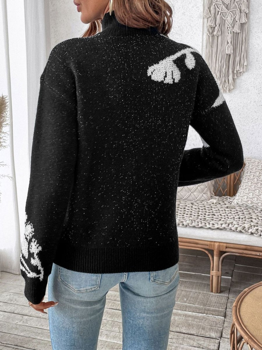 Perfee Flower Mock Neck Long Sleeve Sweater - S. M. & Co.