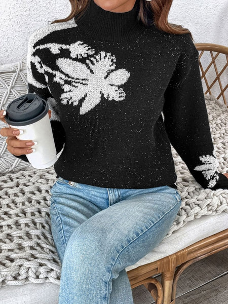 Perfee Flower Mock Neck Long Sleeve Sweater - S. M. & Co.