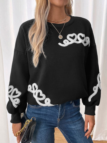 Perfee Heart Round Neck Long Sleeve Sweater - S. M. & Co.