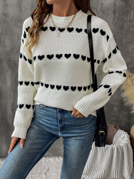 Perfee Heart Round Neck Long Sleeve Sweater - S. M. & Co.