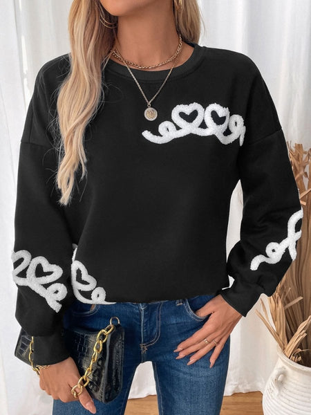 Perfee Heart Round Neck Long Sleeve Sweater - S. M. & Co.